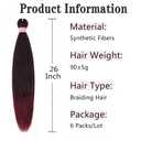 Pre Stretched Braiding Hair Extensions 26 Inch 6 Packs Ombre Burgundy Braiding Hair Prestretched Synthetic Soft Hot Water Setting Crochet Braids Hair Extension for Women-1B/900#
