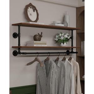 Clothes Rack 42in, 2 Tier Wall Mounted Garment Rack with Real Wood Shelf, Heavy Duty Hanging Clothes Rack, Multi-Purpose Hanging Rod, Space-Saving Closet Storage