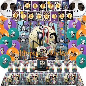 Birthday Decorations, Nightmare Christmas Party Supplies Halloween Birthday Party Decorations Set Includes Banner Balloons Tablecloth Backdrop Hanging Swirls Cake Toppers