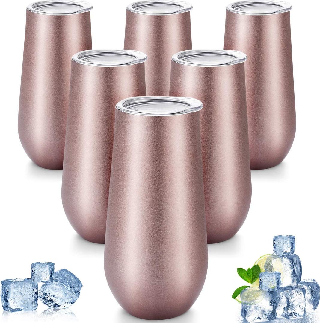 Maxdot 6 Pieces Champagne Tumbler Stemless Flutes Double Insulated Mini With Lips Stainless Steel Cocktail Cups for Coffee Wine Glass (Rose Gold)
