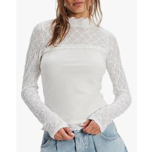 Women Lace Long Sleeve Top Sheer High Neck Going Out Shirt Casual Blouse S