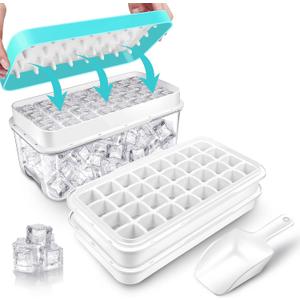 Ice Cube Trays for Freezer With Bin, Scoop, and Press Plate - 2 Tiers, Lid Included (Blue)