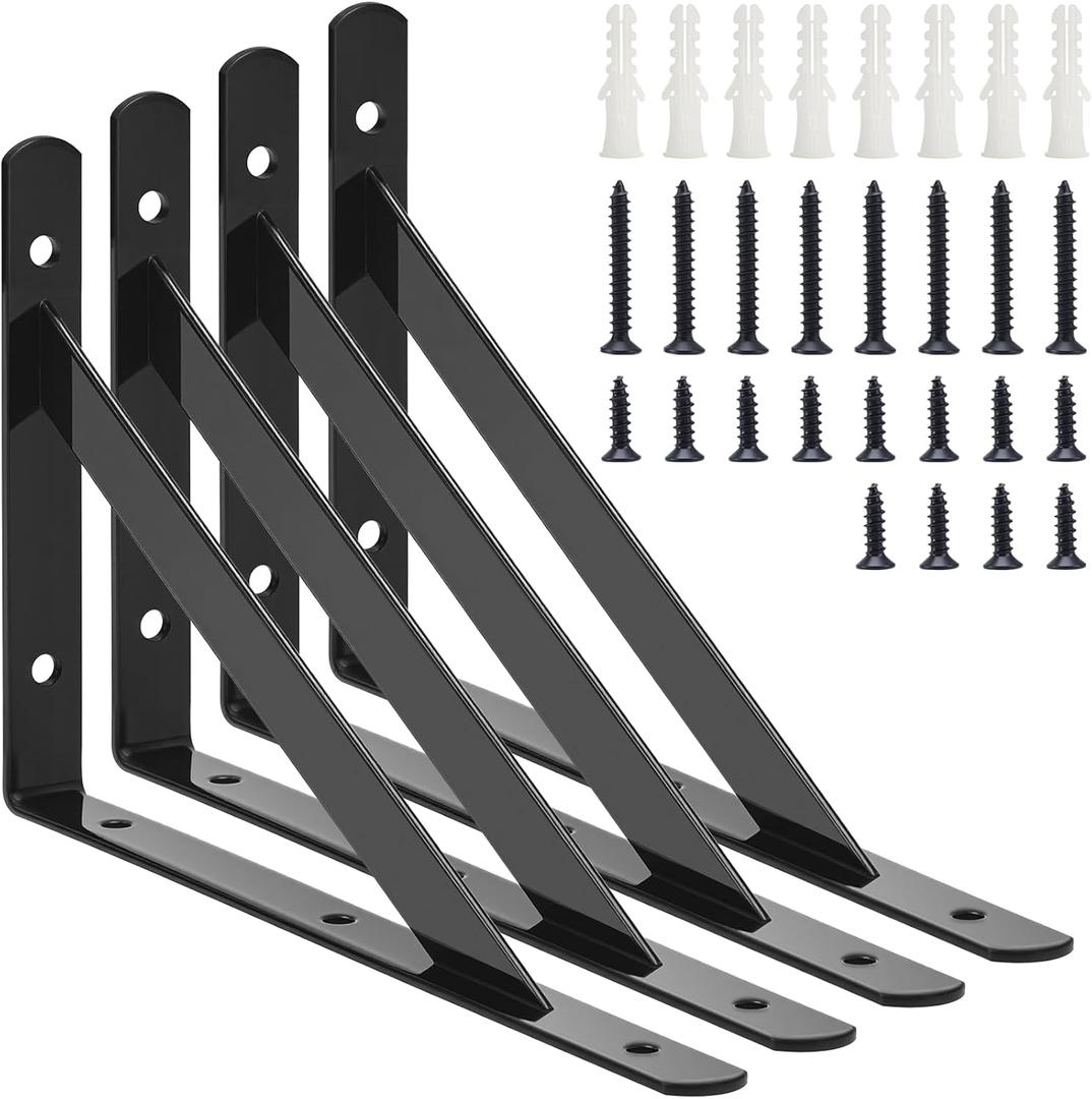 4 Pack Heavy Duty Shelf Brackets, Metal L Brackets, Wall Holders with 90 Degree Triangle, Wall Mount Floating Shelf Bracket, Black Steel L Brackets with Screws for Shelves, 7.8 x 4.7 in