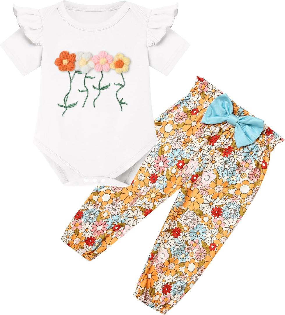 Baby Girls Clothes Newborn Bodysuits Short Sleeve Ruffle Romper and Floral Pants Set Infant Outfits 0-3 Months