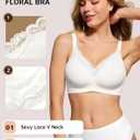 HORISUN Wireless No Underwire Bra for Women V-Neck Lace Trim Jelly Supportive Seamless Bra Comfortable Tshirt Bralette (White)