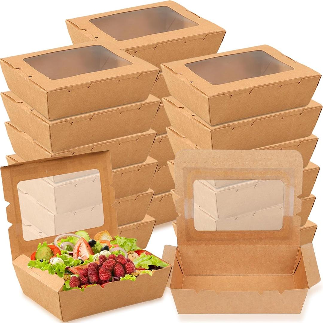 Nexboraque 50 Pack Take Out Food Containers with Window, 40 oz Kraft Paper Food to Go Box Disposable Cardboard Meal Prep Boxes for Lunch Meal, Restaurant, Catering, Party, Picnic, Brown, 7.9"l X 5.5"w X 2"h