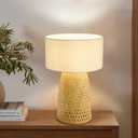 Booniture Boho Bamboo Table Lamp, Handwoven Bedside Lamp with Linen Shade, Small Natural Weave Nightstand Light for Living Room, Tea Room, Desk,White