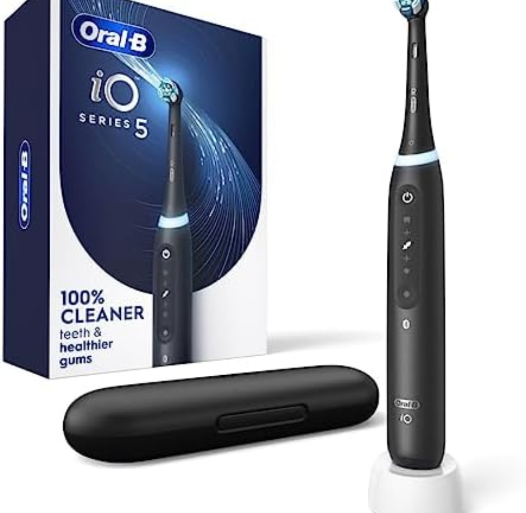 Oral-B iO Series 5 Rechargeable Electric Toothbrush with Visible Pressure Sensor to Protect Gums, 2 Minute Timer, 5 Cleaning Settings, 1 Replacement Toothbrush Heads, and Travel Case, Black