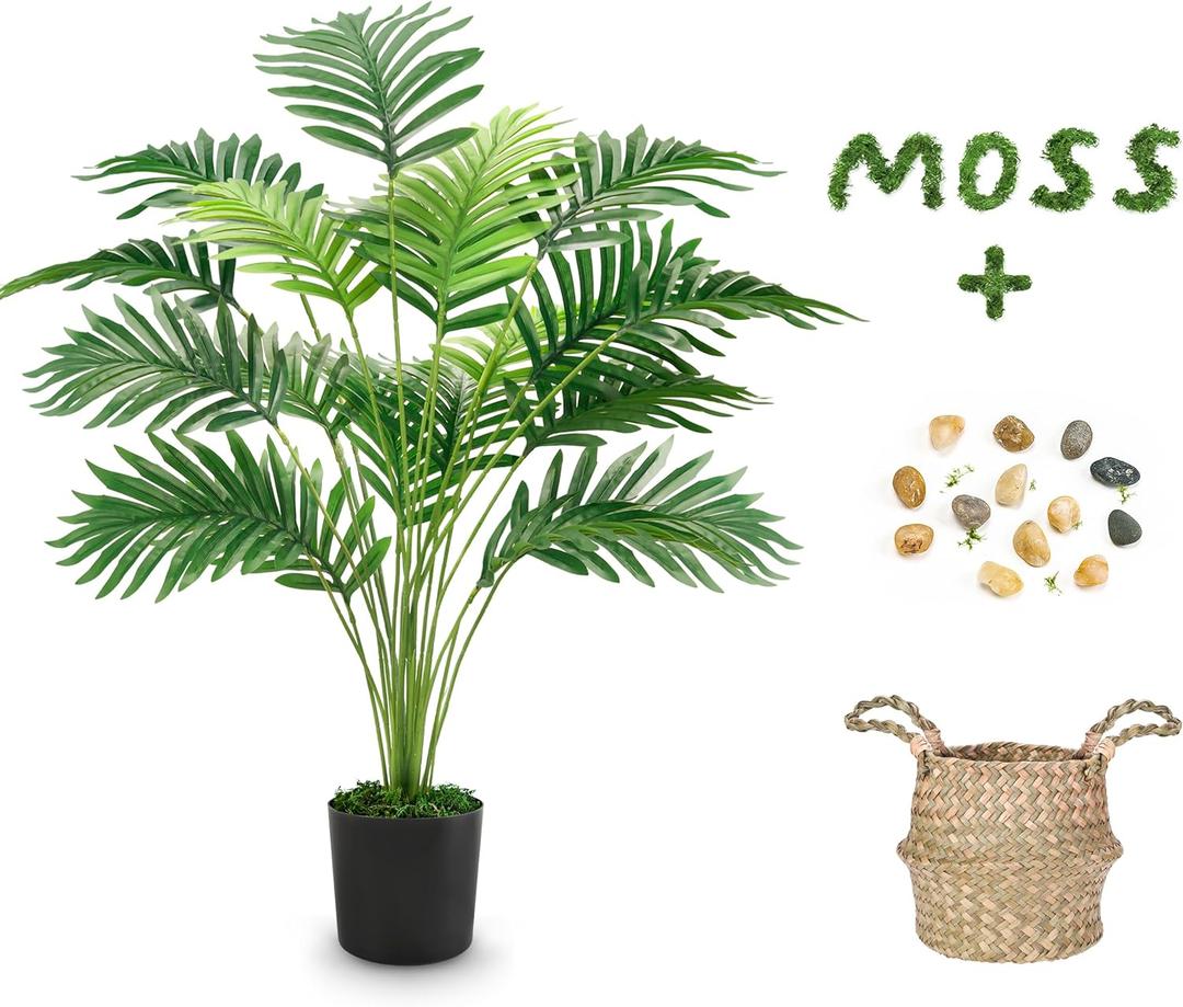 Der Rose Fake Palm Tree 28Inch Faux Plant Potted Tall Fake Plant with Hand-Woven Baskets Artificial Tree for Indoor Outdoor Home Office Bedroom Porch Balcony Decor