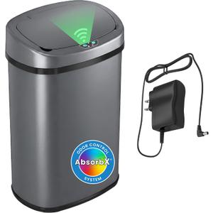 SensorCan 13 Gallon Automatic Sensor Trash Can with Lid, AC Adapter Included, AbsorbX Odor Control, Gunmetal Gray Stainless Steel Kitchen Garbage Bin, Fingerprint-Proof, Hands-Free Operation, Oval