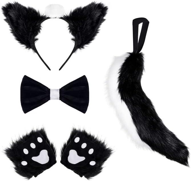 JieyueJewelry 4 Pieces Faux Fur Skunk Ears and Tail Set, Fox Wolf Cat Cosplay Costume set Animal Tail Fancy Women's Costume Skunk Ears Tail Bow Tie and Claw Gloves for Halloween Cosplay Adult