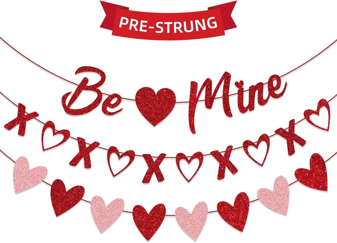 Valentine's Day Decorations - 3-Pack Pre-Strung Be Mine & XOXO & Heart Glitter Banners, No DIY Required, Romantic Decor for Home Classroom Office Wedding Party Anniversary