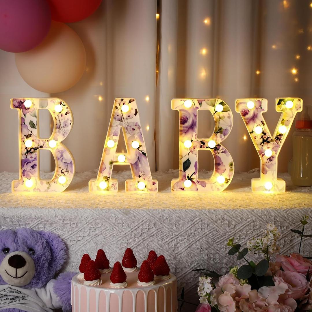 Realspring Woodland Greenery Centerpieces Baby Marquee Light up Sign Letters 8.15'' Baby Shower Letter Battery Operated Gender Reveal Birthday Party Decor for Home Table(Purple), Flower Baby