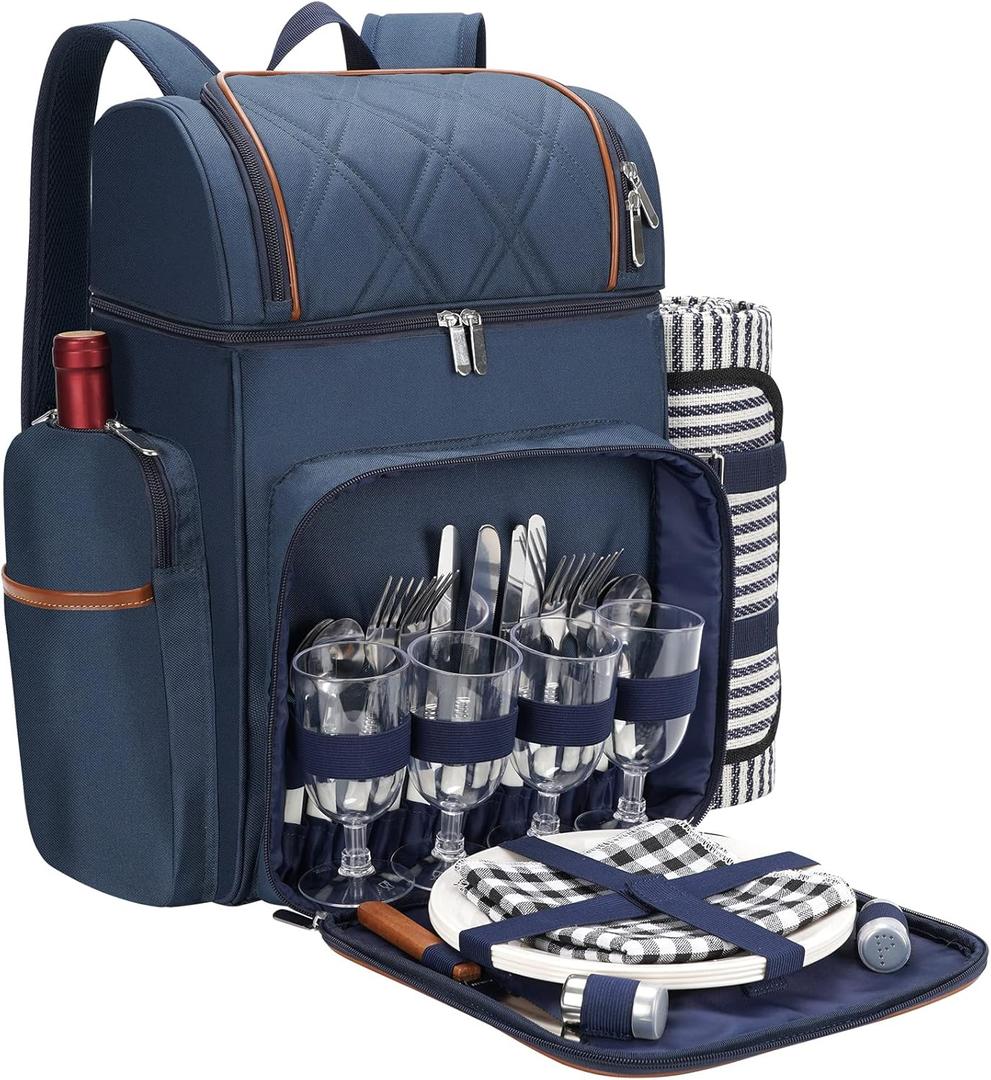 Picnic Backpack for 4,Picnic Basket Set,Leakproof Picnic Bag,Beach Cooler Backpack with Insulated Cooler Wine Pouch,Picnic Blanket, Double Deck Picnic Backpack for Beach,Camping,Park(Navy Blue)
