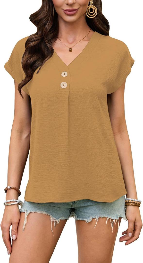 Women's Dressy Casual Shirt Sleeveless V-Neck Button Down Work Tops Business Casual Summer Tops (Brown, XL)