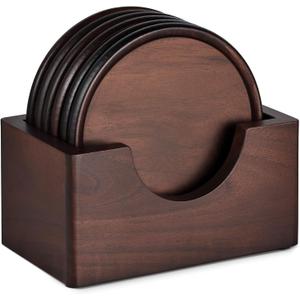 Wood Coasters with Holder, GOH DODD Set of 6 Walnut Wooden Coaster Tabletop Protection for Drinks Coffee Table Home Kitchen Office Bar Living Room Decor Housewarming Gifts Wedding Party