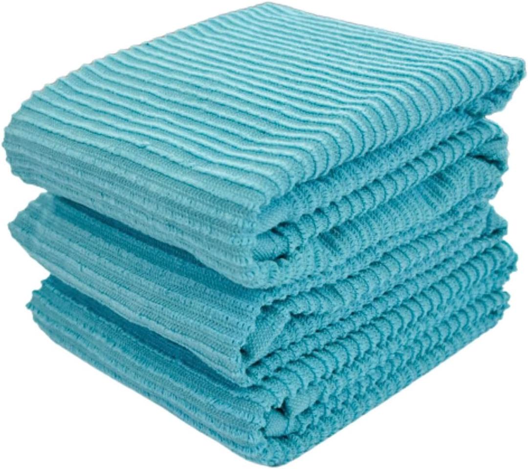 Serafina Home Aqua Light Blue Kitchen Dish Towels: (18" x 28", 3 Pack) 100% Cotton Cloth Soft Cleaning Drying Absorbent Ribbed Terry Loop, Multipurpose (Aqua Blue)