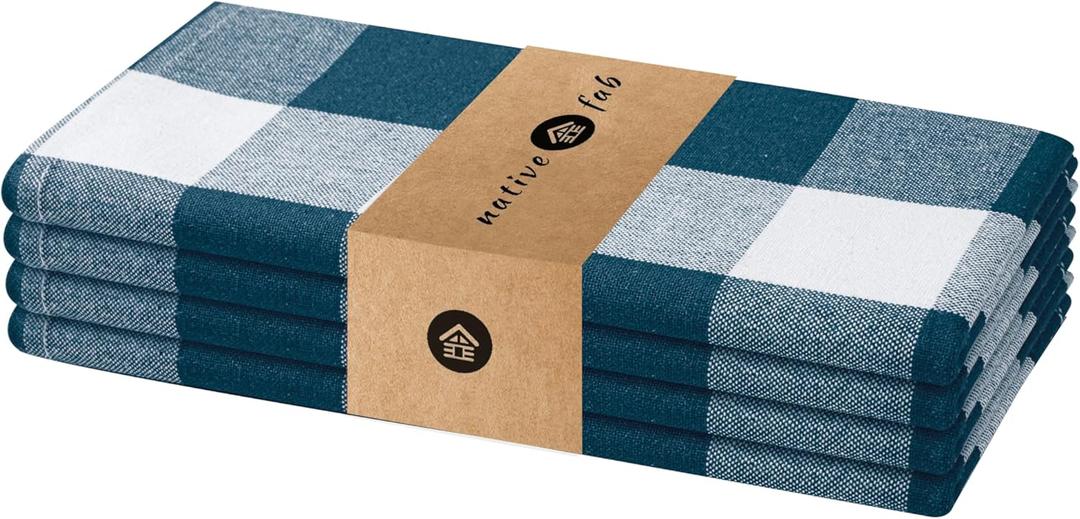 Native Fab Buffalo Check Cloth Napkins, Set of 4, 16"x16", Plaid Checked Pattern, 100% Cotton, Soft, Absorbent, Reusable Table Napkins for Dinner, Wedding, Lunch, Cocktail, Everyday Use - Teal Green