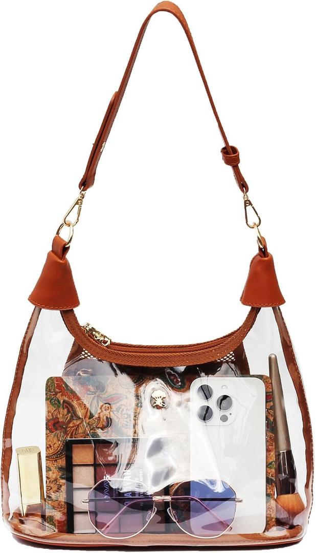 Clear Shoulder Bags for Women, Stadium Approved Cute Hobo Tote Crossbody Handbag Mini Clutch Purse (Brown)