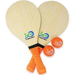 Frescobol Starter Set – 2 Vero Wood Beach Paddles with Premium Orange Padded Grips, 2 Official Orange Balls, Durable Tote Bag for Beach Paddle Game