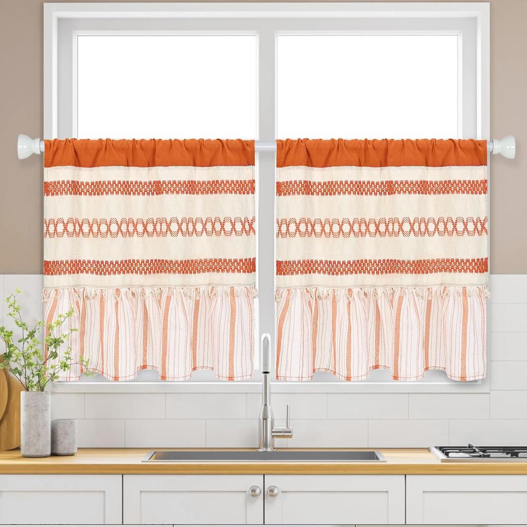 FRAMICS Farmhouse Linen Kitchen Curtains 24 Inch Length Orange Striped Short Curtain for Windows Boho Crochet Small Window Curtains for Kitchen Rod Pocket Tier Curtain for Bathroom, Cafe, 2 Panels