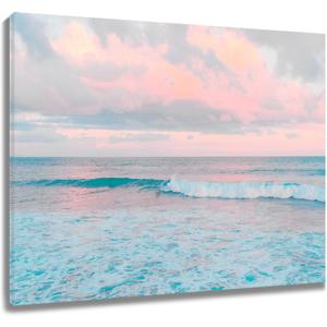 LB Pink Ocean Cloud Wall Art Teal Blue Sea and Pink Sky Canvas Wall Art Modern Nature Landscape Framed Wall Decor for Bathroom Living Room Bedroom Home Decor Ready to Hanging 16x12 Inch