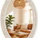 26"x39" Oval Wall Mirror, Handwoven Corn Husk, Whitewashed