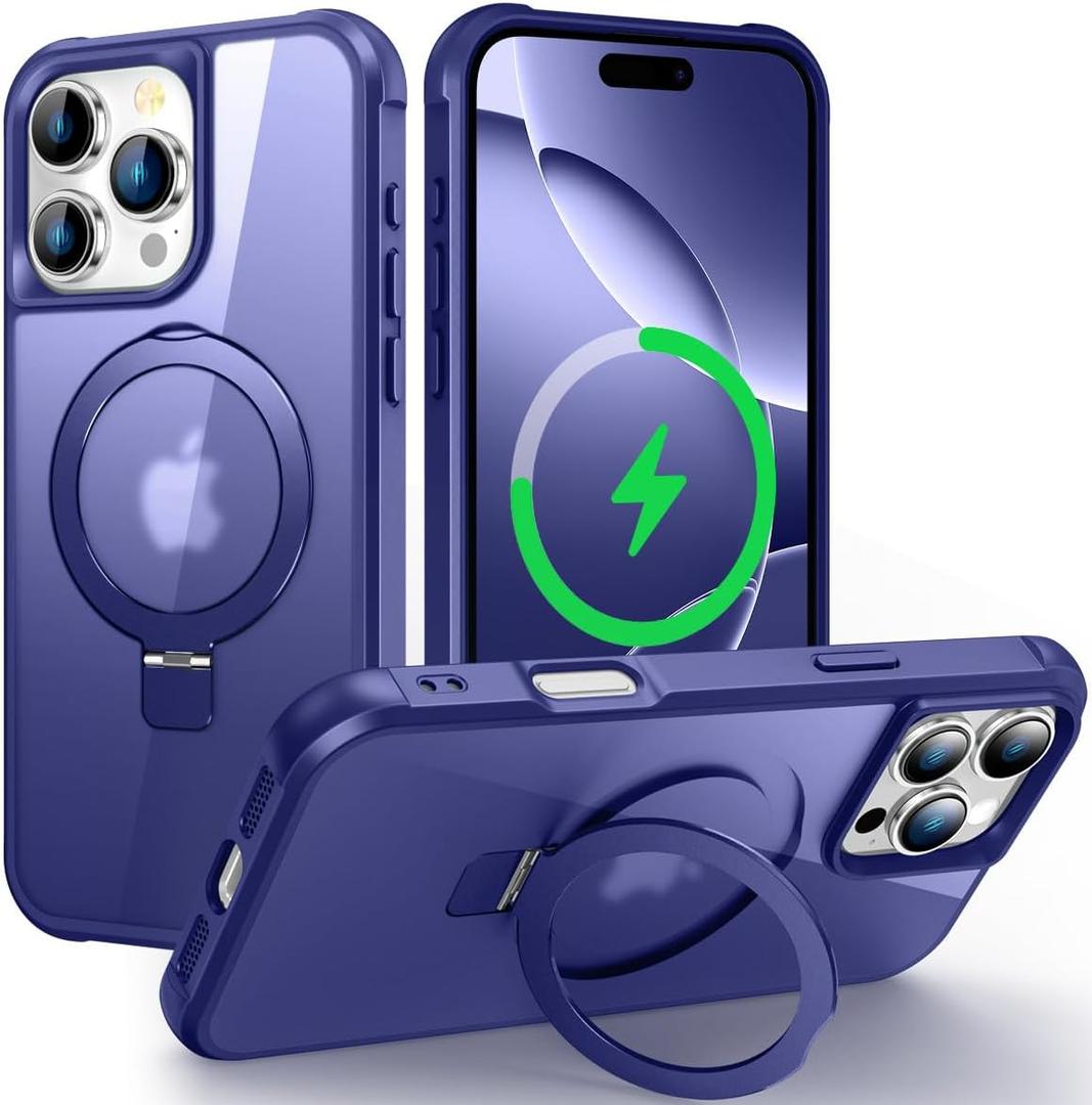 Magnetic Compatible with iPhone 16 Pro Case with Stand [Military Grade Drop Tested][Compatible with Magnet] Ring Translucent Slim Hard Back Soft Edge, Blue