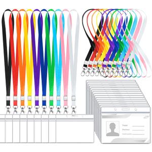100 Pack Name Tag Lanyards with Id Holder, Clear Plastic Horizontal Name Tags Holders and Black Badge Lanyards with ID Holder for School Office Team Workers Volunteers 