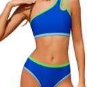 Redair Girls Swimsuit Two Piece One Shoulder Bathing Suit with Chest Pad Color Block Bikini 7-16 Years