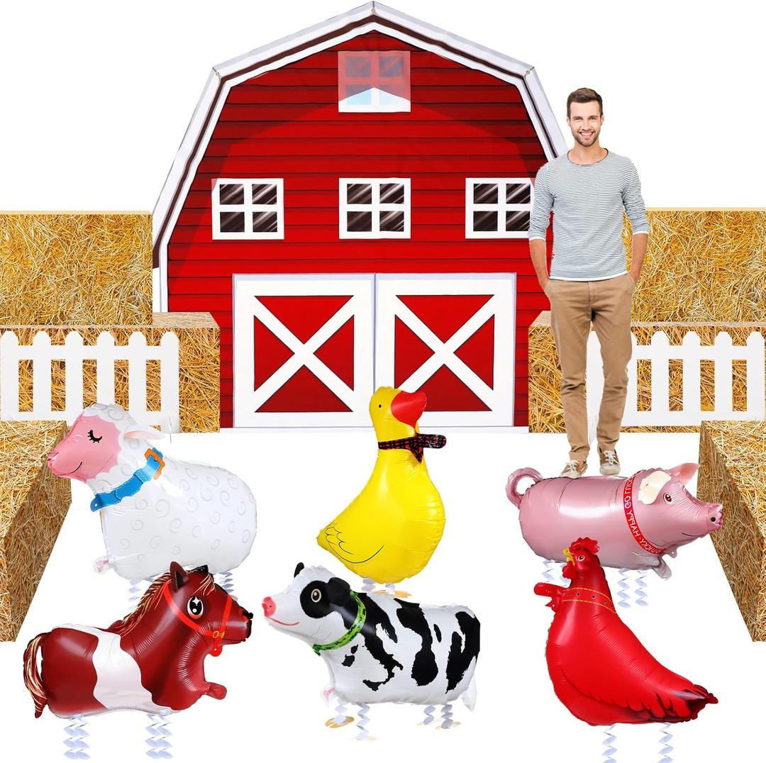 15 Pcs Farm Animal Barnyard Party Decorations Farm Birthday Party Supplies Farm Barn Door Backdrop Party Decor 6 Pcs Hay Paper Boxes 6 Pcs Inflatable Farm Animals Balloons 2 Pcs Fences
