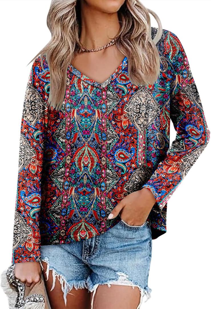 Women's Long Sleeve T-Shirts Solid Color Loose Fit Cute Basic Flowy Tops Spring Fall Casual Blouse (XL)