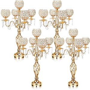 Nitial 4 Pcs 5 Arm Crystal Candelabra Centerpieces for Table 27 Inch Retro Victorian Crystal Candle Holders Bowl Table Centerpieces Decor for Wedding Banquet Valentine Dinner Party Event (Gold)