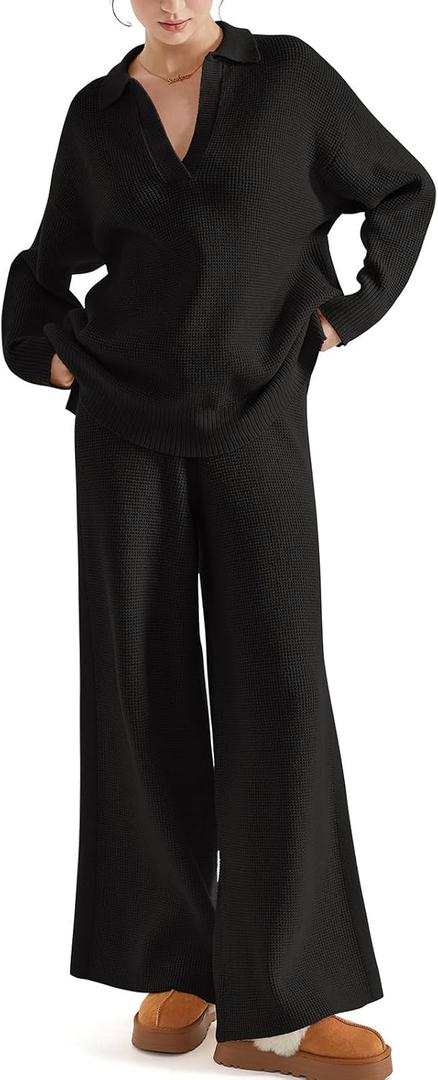 SUUKSESS Women 2-Piece Fall outfits Matching Lounge Set Waffle Knit Sweater Sets (Small, Black)