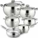 Daniks Modern 11-Piece Stainless Steel Cookware Set with Glass Lids, Includes Saucepan and Frying Pan with Lid, Tri-Ply Bases for Even Heating, Induction Compatible, Dishwasher Safe, Heatproof Handles