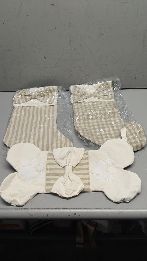 Realspring 3 Pack Burlap Christmas Stockings with Wooden Name Tag for Dogs 18" Large Boho Rustic Farmhouse Neutral Bone Shape Stocking Beige Plaid Bow Hanging Ornament for Family Fireplace Xmas Season