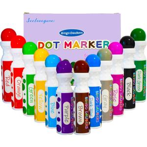 SEETOOOGAMES Bingo Daubers Dot Markers - Mixed Colors Set of 12 Pack - for Toddler Arts and Crafts (Red, Orange, Yellow, Apple Green, Blue, Purple, Pink, Brown, Dark Green, Dark Blue, Gray and Black)