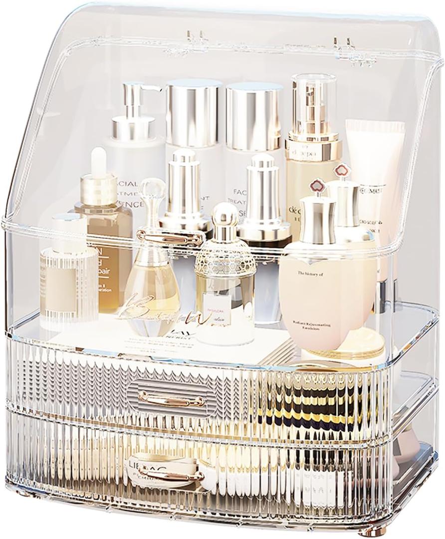 Makeup Organizer Countertop Vanity with Transparent Lid Drawers Waterproof Dustproof Cosmetic Skincare Bathroom Storage Gift for Women Teens Girls (Clear Whtie) (Large)