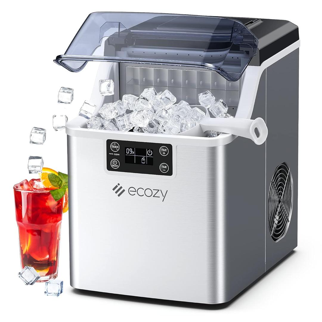 ecozy Countertop Ice Makers, 45lbs Per Day, 24 Cubes Ready in 13 Mins, Stainless Steel Housing, Auto Self-Cleaning Ice Maker with Ice Bags and Ice Scoop for Kitchen Office Bar Party (Shiny Silver)