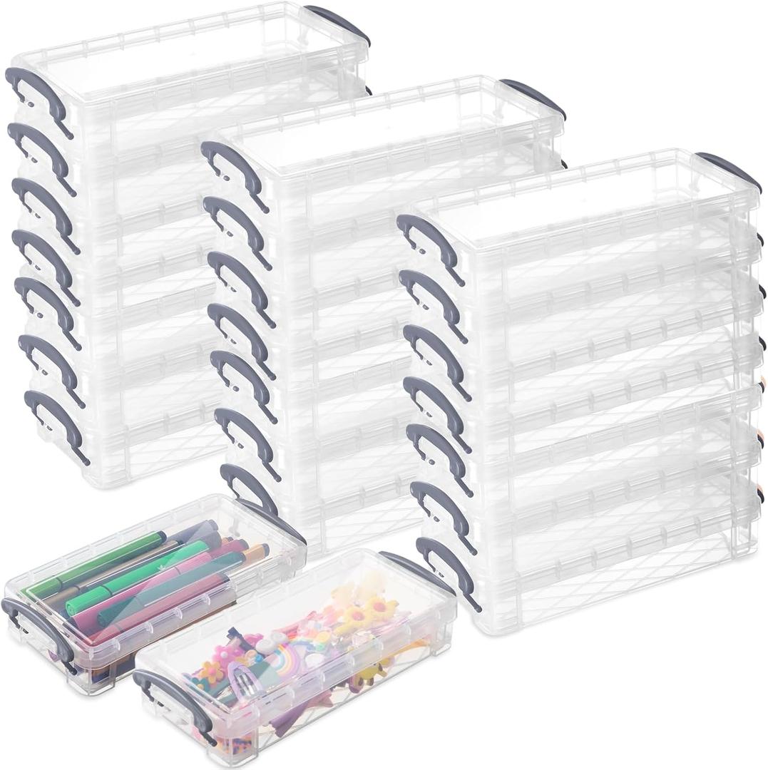 Gueevin 24 Pcs Large Capacity Plastic Pencil Box Clear Plastic Pencil Case Crayon Box with Snap Tight Lid Watercolor Pen Storage Brush Organizer Drawing Tools Container (Gray)