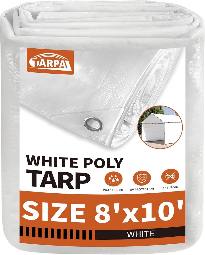 TARPAL 8'x10' White Tarp Waterproof 7.5 mil Medium Duty All Purpose Poly Tarps Cover Waterproof,Snow Proof UV Protection,Rip and Tear Proof,Poly Tarpaulin (8x10 Feet-Finished size)