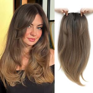 Ms Taj 18 Inch Hair Toppers for Women with Thinning Hair - Long Layered Synthetic Toppers - 6.5"x6.5" Fiber Wiglets - Rich Brown with Dark Root