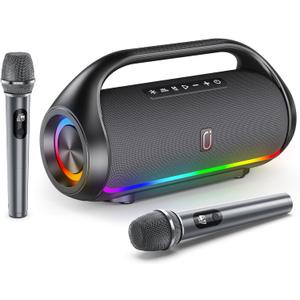 Portable Bluetooth Speaker with 2 Wireless Microphones, IPX5 Waterproof Speakers with Deep Bass & LED Lights, Loud Stereo Portable Speaker for Outdoor Indoor Home Parties Hiking Camping (Black)