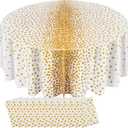 VitalCozy 12 Pcs Round Dot Tablecloth 84 Inch Plastic Table Cover Polka Dot Confetti Tablecloths for Halloween Fall Thanksgiving Wedding Birthday Party Supplies (White and Gold)