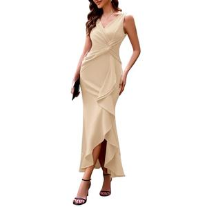 BeryLove Mother of The Bride Dresses Formal Elegant Bodycon Sleeveless Cocktail Special Occasion Evening Dress Long Ruffle Split Gowns 7099 Beige, Size S