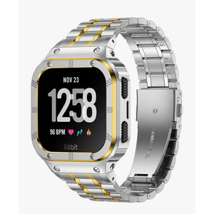 Stainless Steel Watch Band with Case Compatible for Fitbit Versa/Fitbit Sense Bands, Rugged Protective Bumper Metal Wristbands for Men Women