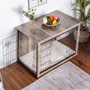 DWANTON Dog Crate Furniture with Cushion, Wooden Kennel Table with Double Doors, Indoor Dog House, Large Size, Greige, 38.5"L x 25.6"W x 26.8"H 