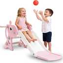 Kid Slide Indoor, Toddler Slide with Basketball Hoop and Ball, Outdoor Playset for Baby 2-5 Year Old (Pink Giraffe), Small