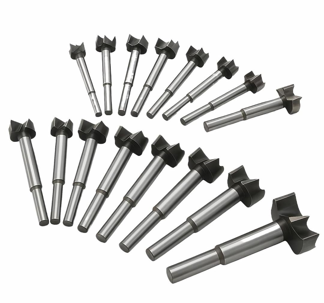 Meichoon Forstner Drill Bit Set 15-35mm 16 Pcs, Carbide Forstner Bits High Speed Steel Wood Tool Punching Bit Wood Slabs Flat Wing Drilling Hole Hinge Cemented Carbide Drilling Counterbore DC01