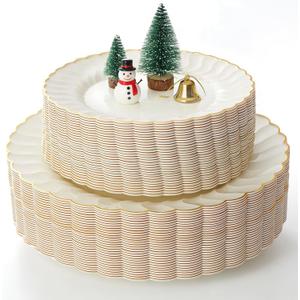 Lullaby 96PCS Ivory Scalloped Plastic Plates with Gold Rim, Disposable Elegant Plates Include 48pcs Dinner Plate 10.25", 48pcs Dessert Plate 7.5", Perfect for Daily Use, Wedding and Party